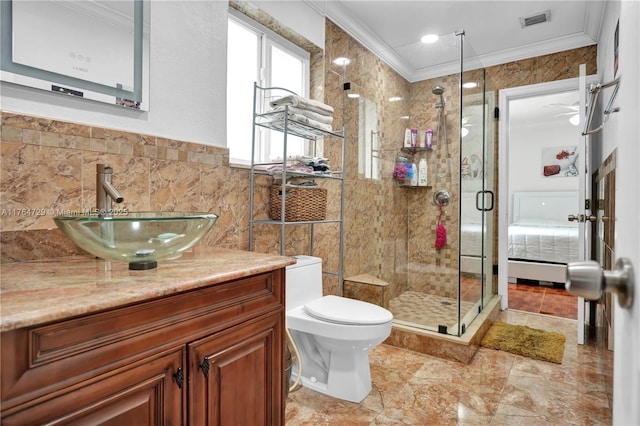 13021 NW 11th Ter, Miami, FL 33182 - full bath featuring visible vents, crown molding, toilet, a stall shower, and tile walls