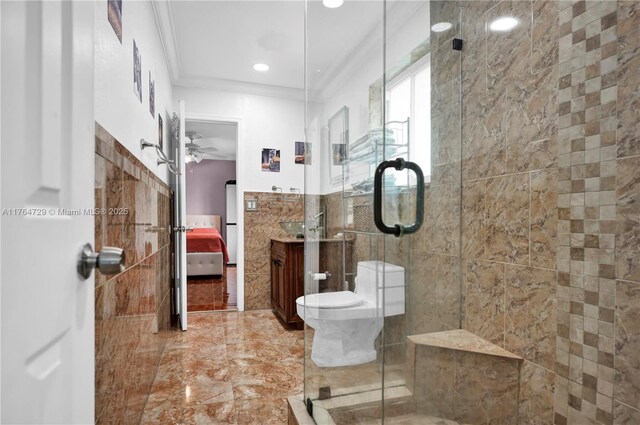 13021 NW 11th Ter, Miami, FL 33182 - full bath with tile walls, crown molding, vanity, a stall shower, and ensuite bath