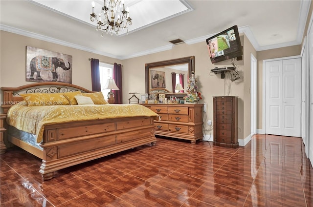 13021 NW 11th Ter, Miami, FL 33182 - bedroom with an inviting chandelier, crown molding, visible vents, and baseboards