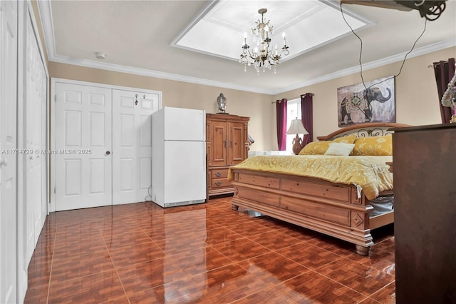 13021 NW 11th Ter, Miami, FL 33182 - bedroom with freestanding refrigerator, an inviting chandelier, and ornamental molding