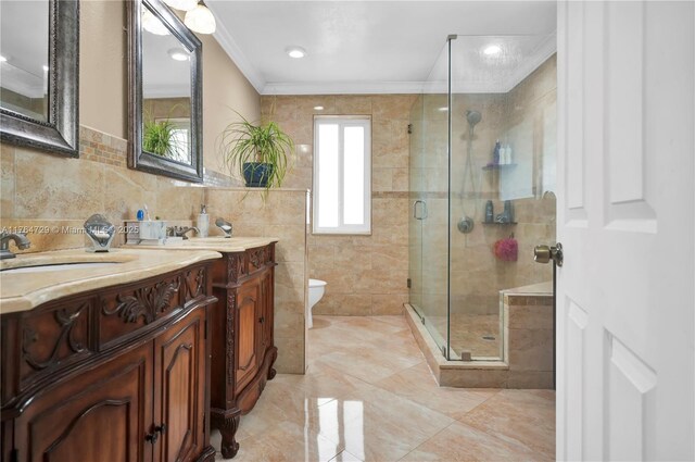 13021 NW 11th Ter, Miami, FL 33182 - bathroom featuring vanity, ornamental molding, a shower stall, tile walls, and toilet