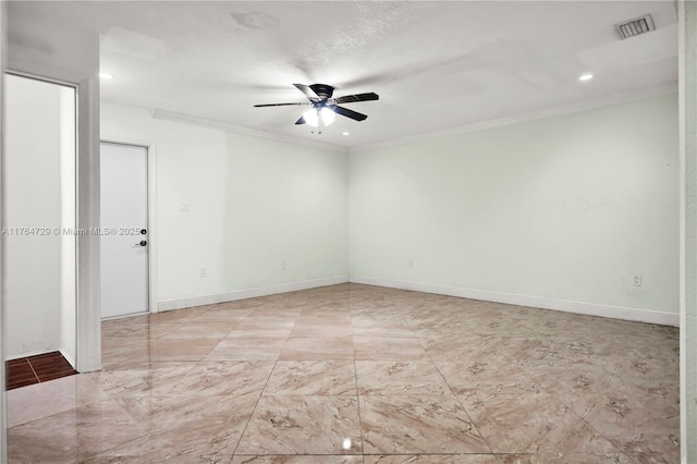 13021 NW 11th Ter, Miami, FL 33182 - unfurnished room with visible vents, baseboards, crown molding, and a ceiling fan
