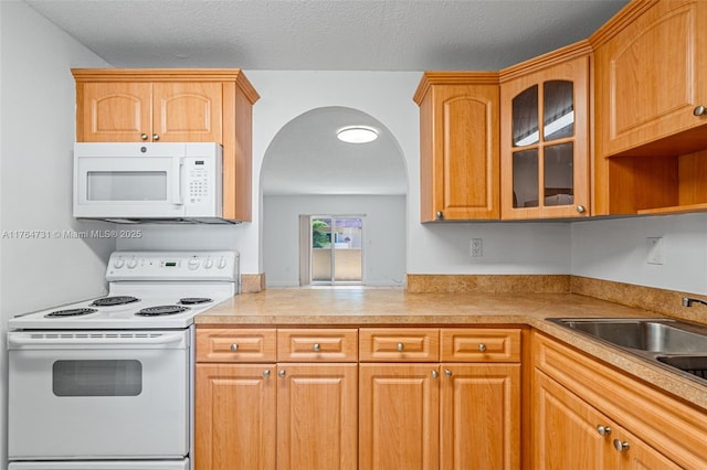 9952 SW 88th St Unit 9952, Miami, FL 33176 - kitchen featuring white appliances, glass insert cabinets, light countertops, and arched walkways