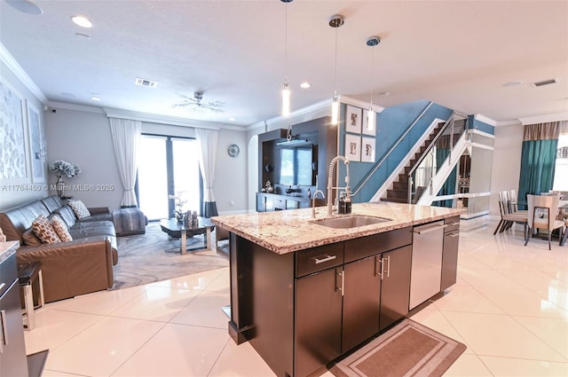 747 NE 193rd Ter, Miami, FL 33179 - kitchen with a sink, open floor plan, light tile patterned flooring, and ornamental molding