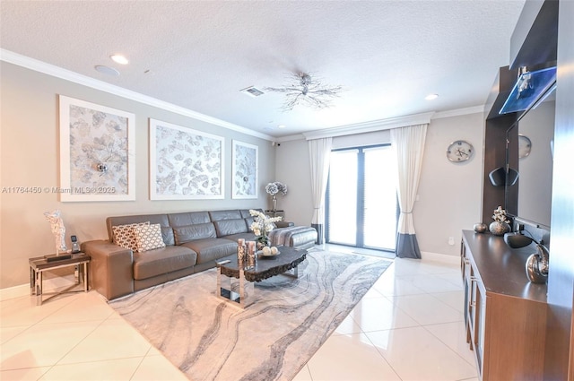 747 NE 193rd Ter, Miami, FL 33179 - living area with light tile patterned flooring, visible vents, a textured ceiling, and crown molding