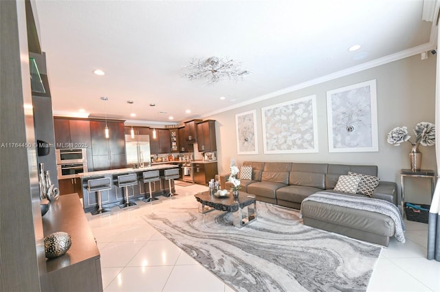 747 NE 193rd Ter, Miami, FL 33179 - living room featuring light tile patterned floors, recessed lighting, and ornamental molding
