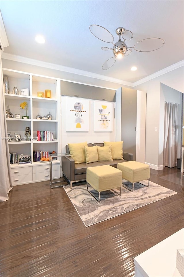 747 NE 193rd Ter, Miami, FL 33179 - living room featuring dark wood-style floors, recessed lighting, crown molding, and baseboards