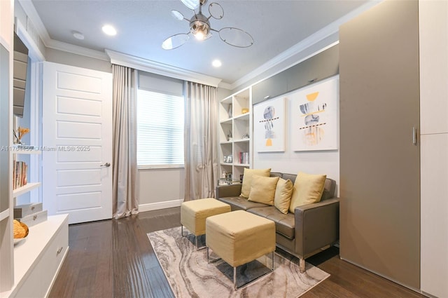 747 NE 193rd Ter, Miami, FL 33179 - living area featuring an inviting chandelier, crown molding, recessed lighting, and dark wood-type flooring