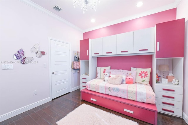 747 NE 193rd Ter, Miami, FL 33179 - bedroom featuring visible vents, baseboards, ornamental molding, dark wood-style floors, and a notable chandelier