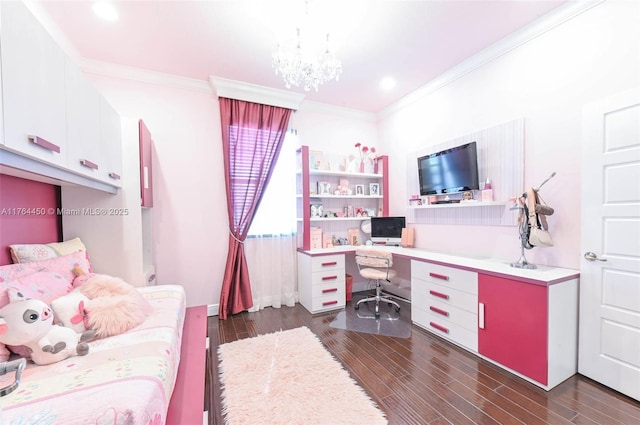 747 NE 193rd Ter, Miami, FL 33179 - bedroom featuring dark wood-style floors, built in desk, and ornamental molding
