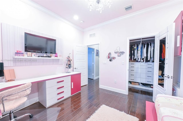 747 NE 193rd Ter, Miami, FL 33179 - bedroom featuring dark wood-type flooring, crown molding, visible vents, and a closet