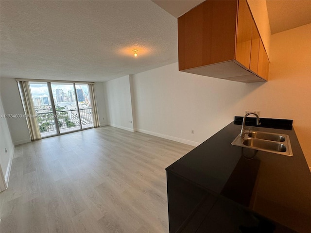 1750 N Bayshore Dr Unit 1606, Miami, FL 33132 - kitchen with a sink, light wood finished floors, baseboards, a textured ceiling, and floor to ceiling windows