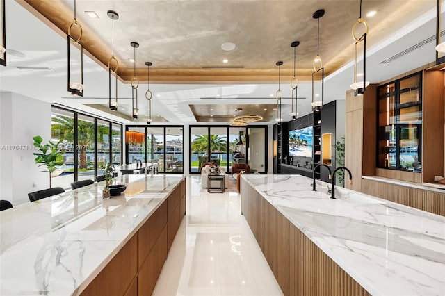 interior space featuring hanging light fixtures, a raised ceiling, and a wealth of natural light