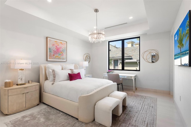 bedroom featuring visible vents, baseboards, recessed lighting, a raised ceiling, and a notable chandelier