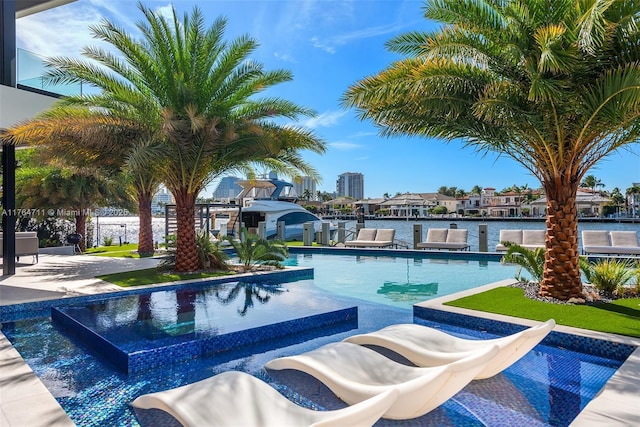 view of swimming pool with a boat dock