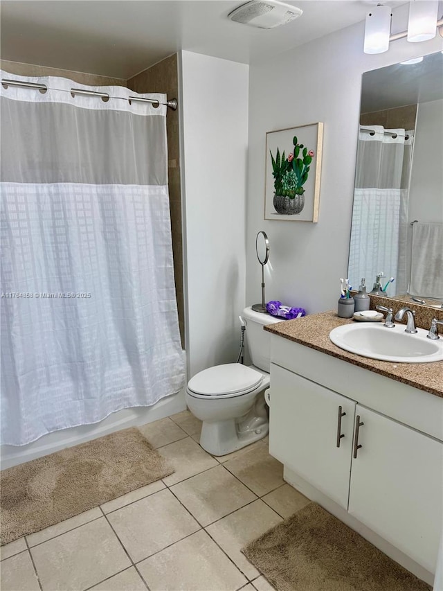 bathroom with tile patterned flooring, visible vents, toilet, shower / bath combination with curtain, and vanity