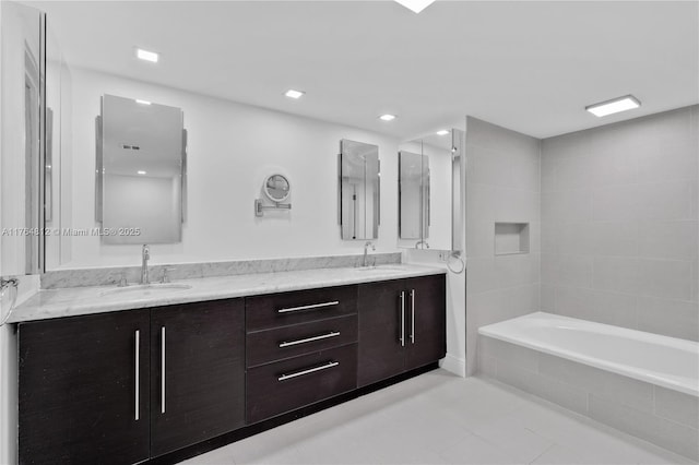 600 Grapetree Dr Unit 8Cs, Key Biscayne, FL 33149 - full bath featuring double vanity, a relaxing tiled tub, tile patterned flooring, a shower, and recessed lighting