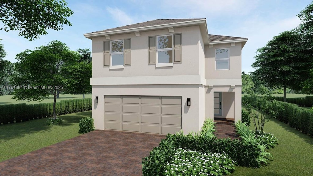 view of front facade featuring stucco siding, an attached garage, and decorative driveway
