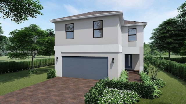 contemporary home with a front yard, roof with shingles, stucco siding, an attached garage, and decorative driveway