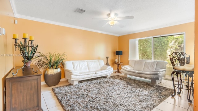 323 SW 190th Ter, Pembroke Pines, FL 33029 - living area with a ceiling fan, light tile patterned floors, crown molding, a textured ceiling, and baseboards