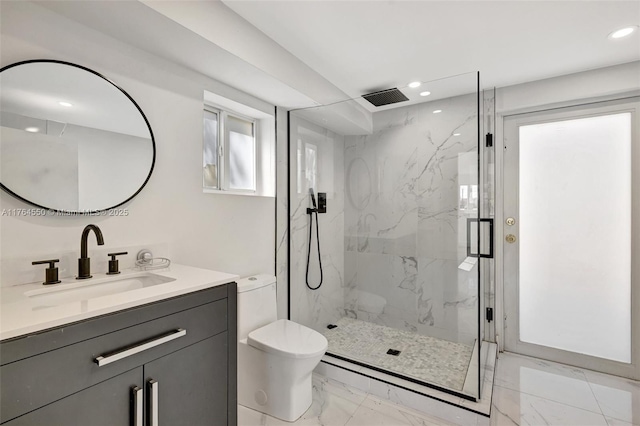 843 SW 20th St, Fort Lauderdale, FL 33315 - full bathroom with vanity, a marble finish shower, recessed lighting, toilet, and marble finish floor