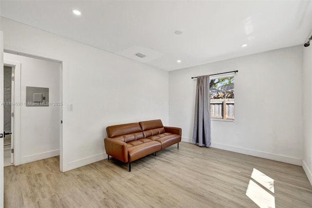 843 SW 20th St, Fort Lauderdale, FL 33315 - living area featuring visible vents, baseboards, light wood finished floors, electric panel, and recessed lighting