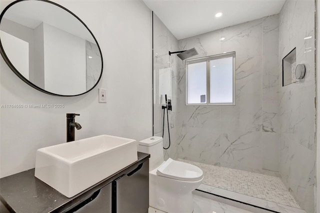 843 SW 20th St, Fort Lauderdale, FL 33315 - bathroom with toilet, marble finish floor, a sink, recessed lighting, and a marble finish shower