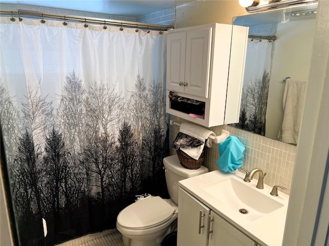 full bathroom featuring decorative backsplash, vanity, curtained shower, toilet, and tile patterned flooring