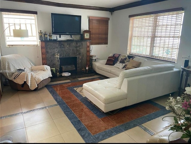 living room with ornamental molding, a high end fireplace, and tile patterned flooring