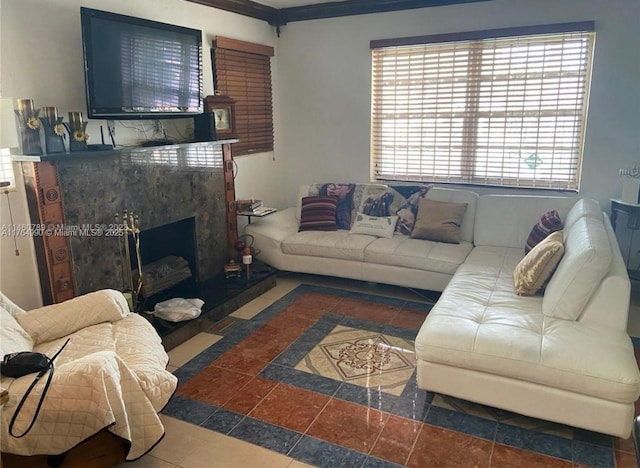 living room with tile patterned floors and a high end fireplace
