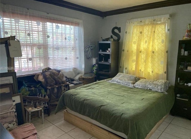 tiled bedroom with ornamental molding