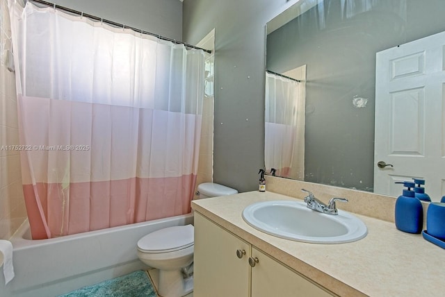 full bathroom with vanity, toilet, and shower / bathtub combination with curtain