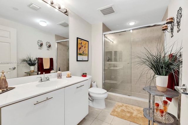 full bathroom with tile patterned flooring, visible vents, a shower stall, and toilet
