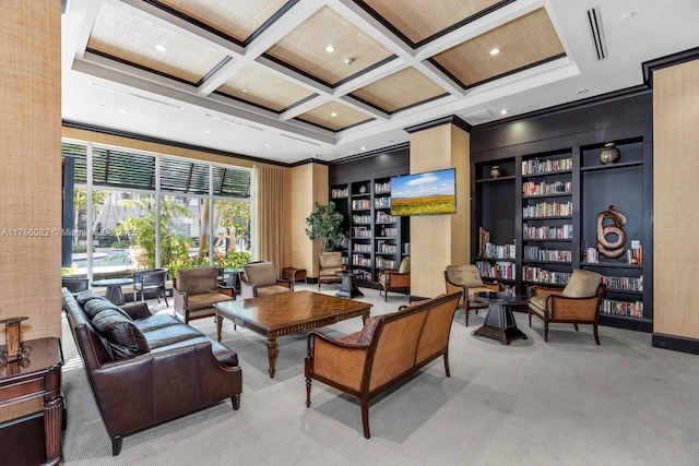 carpeted living room featuring beamed ceiling, built in shelves, coffered ceiling, crown molding, and a towering ceiling