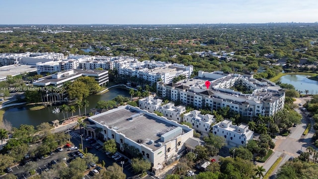 bird's eye view with a water view