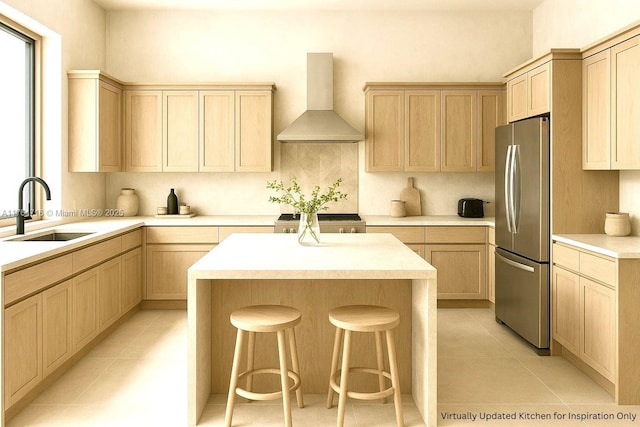 12301 SW 107th Ave, Miami, FL 33176 - kitchen with wall chimney range hood, freestanding refrigerator, a sink, a center island, and light brown cabinetry