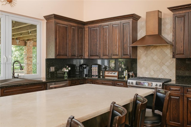 12301 SW 107th Ave, Miami, FL 33176 - kitchen with wall chimney range hood, a sink, dishwasher, and dark brown cabinets