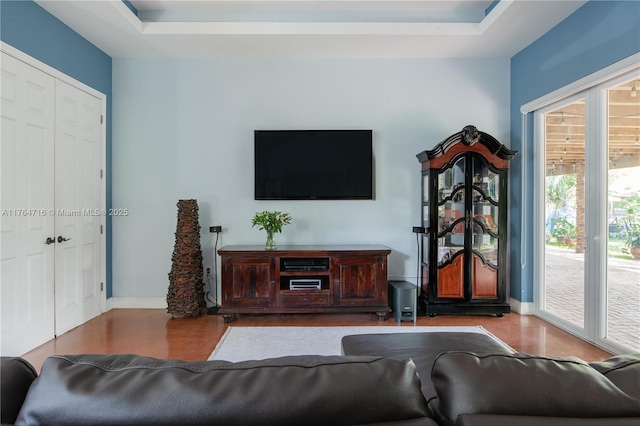 12301 SW 107th Ave, Miami, FL 33176 - living area featuring wood finished floors, a raised ceiling, and baseboards