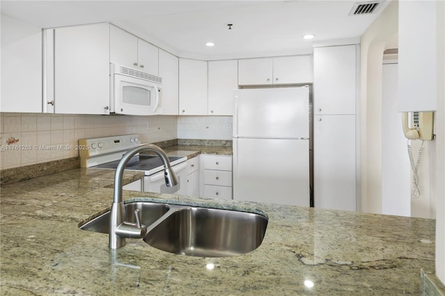 2555 Collins Ave Unit 2104, Miami Beach, FL 33140 - kitchen featuring white appliances, a sink, light stone countertops, white cabinetry, and recessed lighting