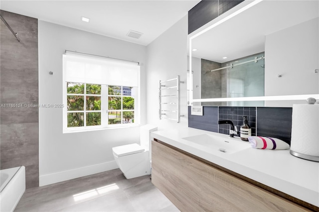 bathroom featuring a shower with shower door, visible vents, toilet, baseboards, and vanity