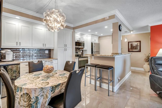 dining room featuring baseboards, ornamental molding, a notable chandelier, marble finish floor, and a textured ceiling