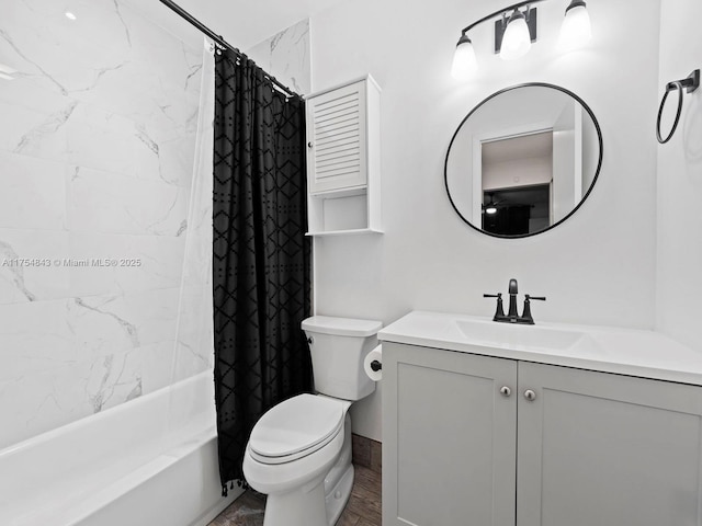 bathroom with shower / bath combination with curtain, toilet, and vanity