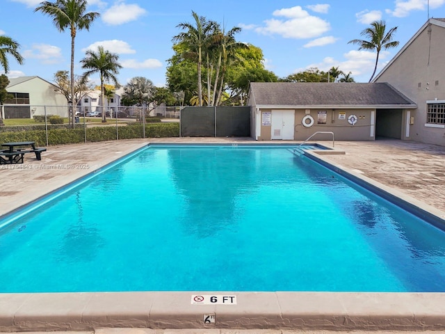 pool featuring a patio area, a residential view, and fence