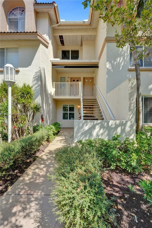 view of exterior entry featuring stucco siding