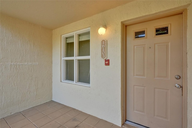 view of exterior entry with stucco siding