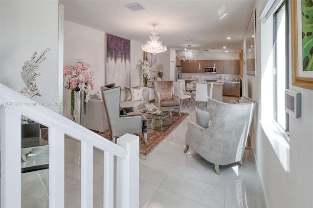 8321 Central Park Blvd, Doral, FL 33166 - living room with an inviting chandelier, light tile patterned flooring, recessed lighting, and visible vents