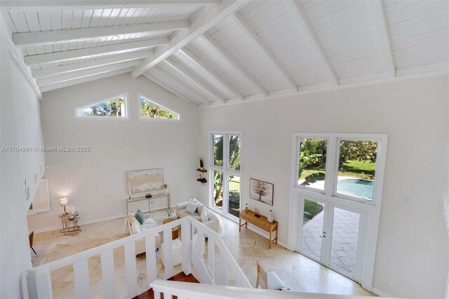 13575 SW 72nd Ave, Pinecrest, FL 33156 - foyer with high vaulted ceiling, french doors, beam ceiling, and plenty of natural light