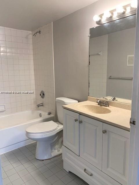 full bathroom featuring visible vents, toilet, tile patterned floors, vanity, and  shower combination