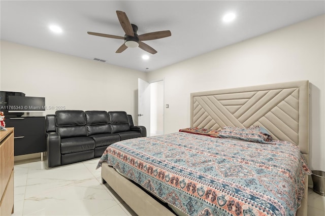 bedroom with recessed lighting, ceiling fan, visible vents, and marble finish floor