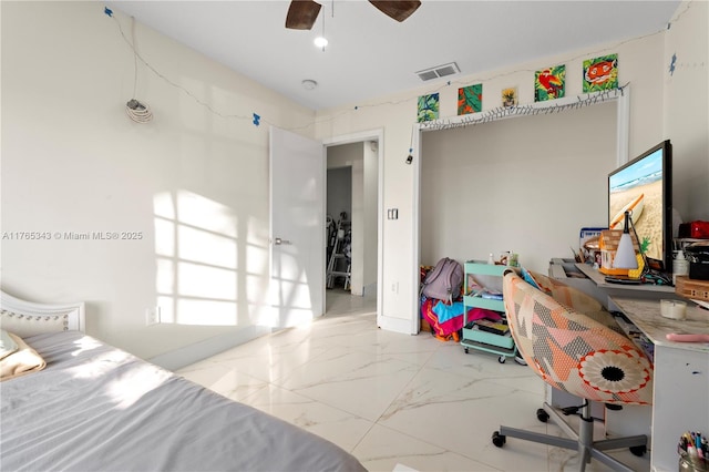 bedroom featuring ceiling fan, marble finish floor, and visible vents